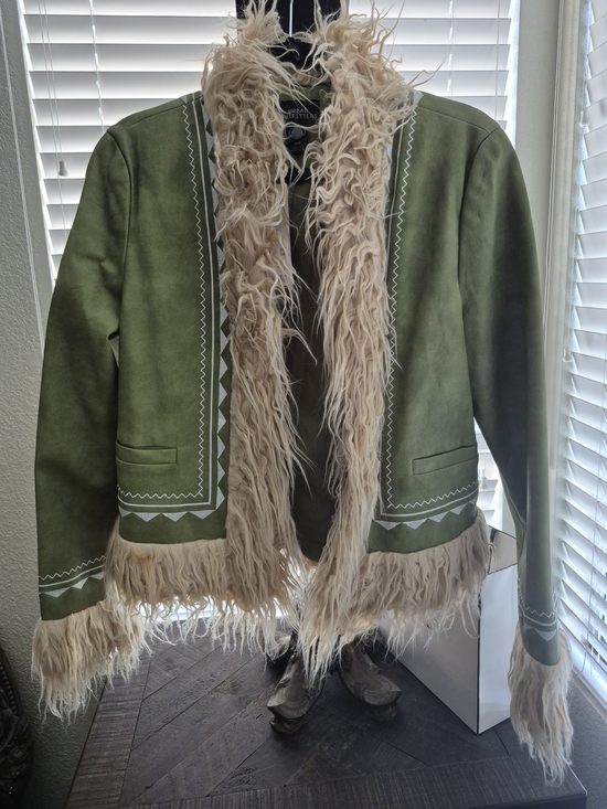 Urban Outfitters Jackets & Blazers - Urban Outfitters Olive Green Faux Suede Jacket with Cream Faux Fur Trim